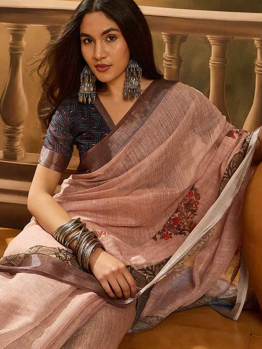 Peach Linen Cotton Blend Printed Casual Reception Festival Wedding Fancy Classic Style Sarees