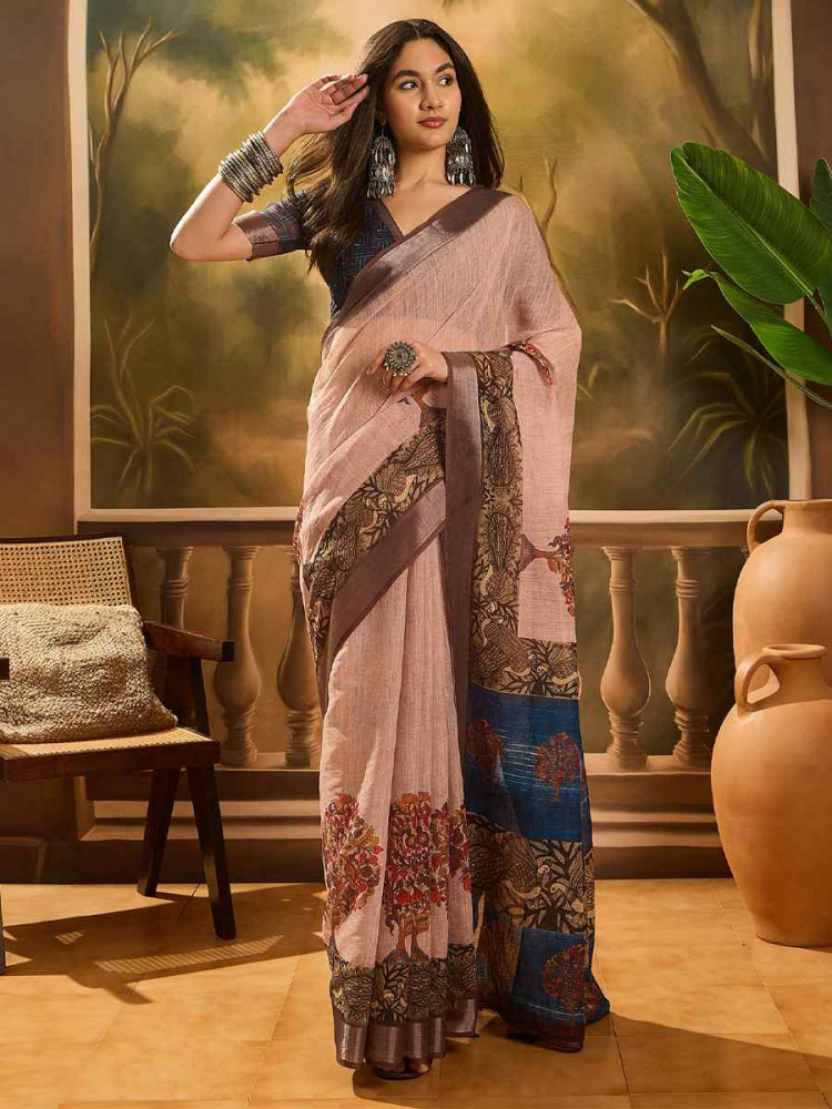 Image of Peach Linen Cotton Blend Printed Casual Reception Festival Wedding Fancy Classic Style Sarees