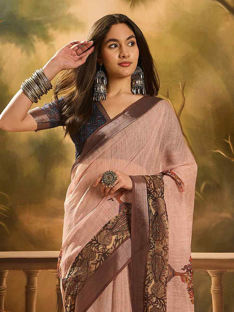 Peach Linen Cotton Blend Printed Casual Reception Festival Wedding Fancy Classic Style Sarees