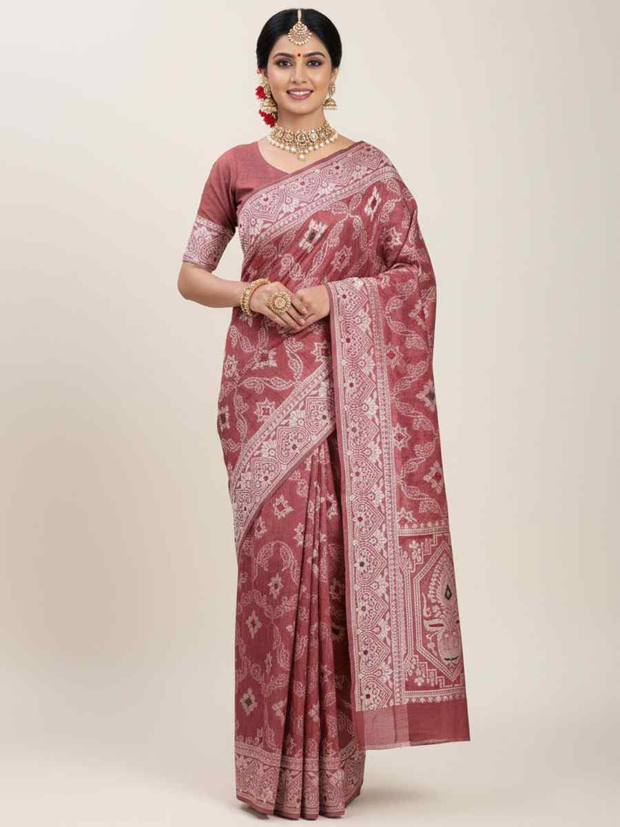 Peach Linen Cotton Handwoven Bridal Reception Festival Wedding Fancy Heavy Border Saree