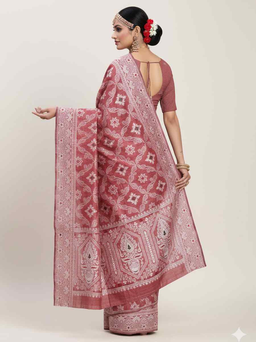 Peach Linen Cotton Handwoven Bridal Reception Festival Wedding Fancy Heavy Border Saree