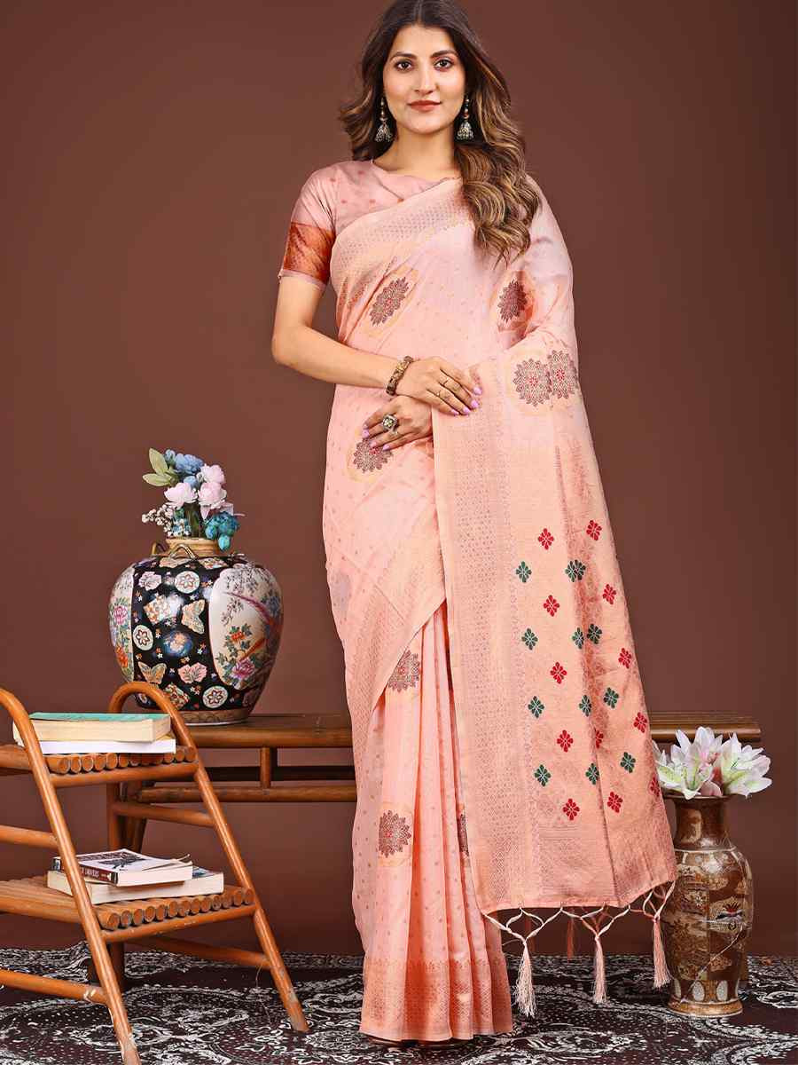 Peach Linen Cotton Handwoven Festival Wedding Fancy Heavy Border Saree