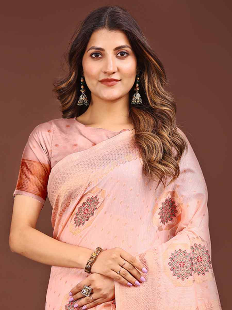 Peach Linen Cotton Handwoven Festival Wedding Fancy Heavy Border Saree