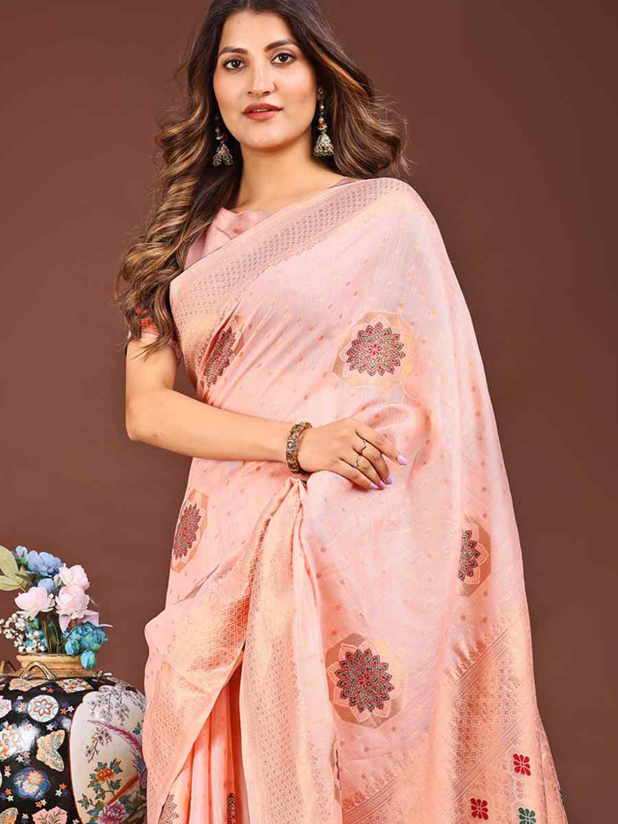 Peach Linen Cotton Handwoven Festival Wedding Fancy Heavy Border Saree