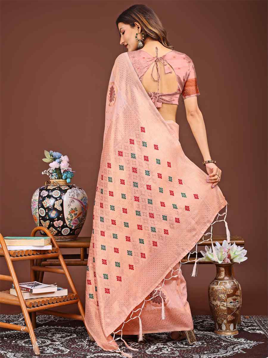 Peach Linen Cotton Handwoven Festival Wedding Fancy Heavy Border Saree