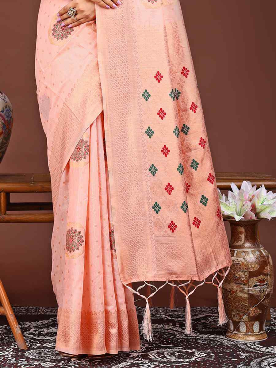 Peach Linen Cotton Handwoven Festival Wedding Fancy Heavy Border Saree