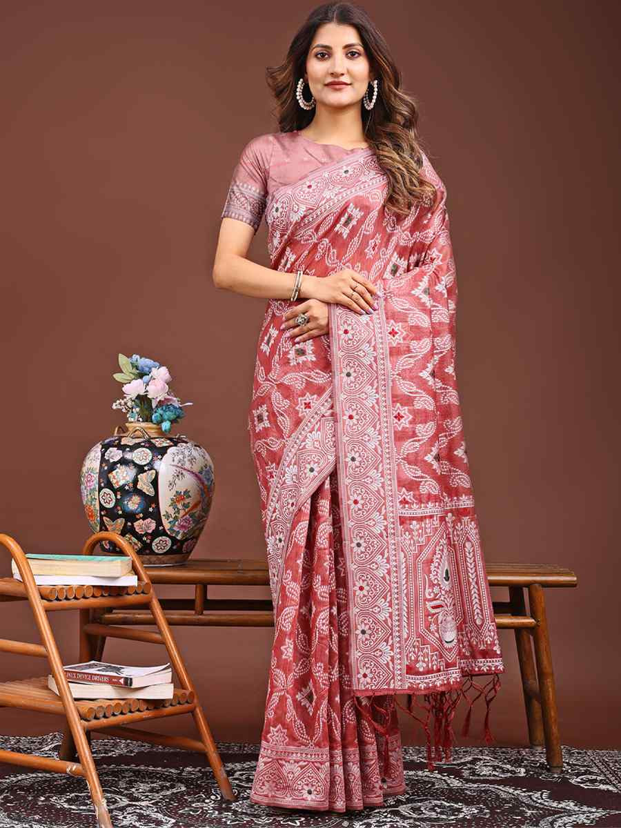 Peach Linen Cotton Handwoven Festival Wedding Fancy Heavy Border Saree