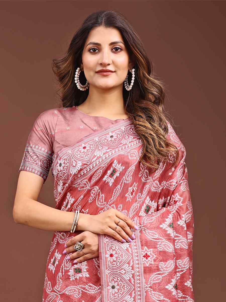 Peach Linen Cotton Handwoven Festival Wedding Fancy Heavy Border Saree