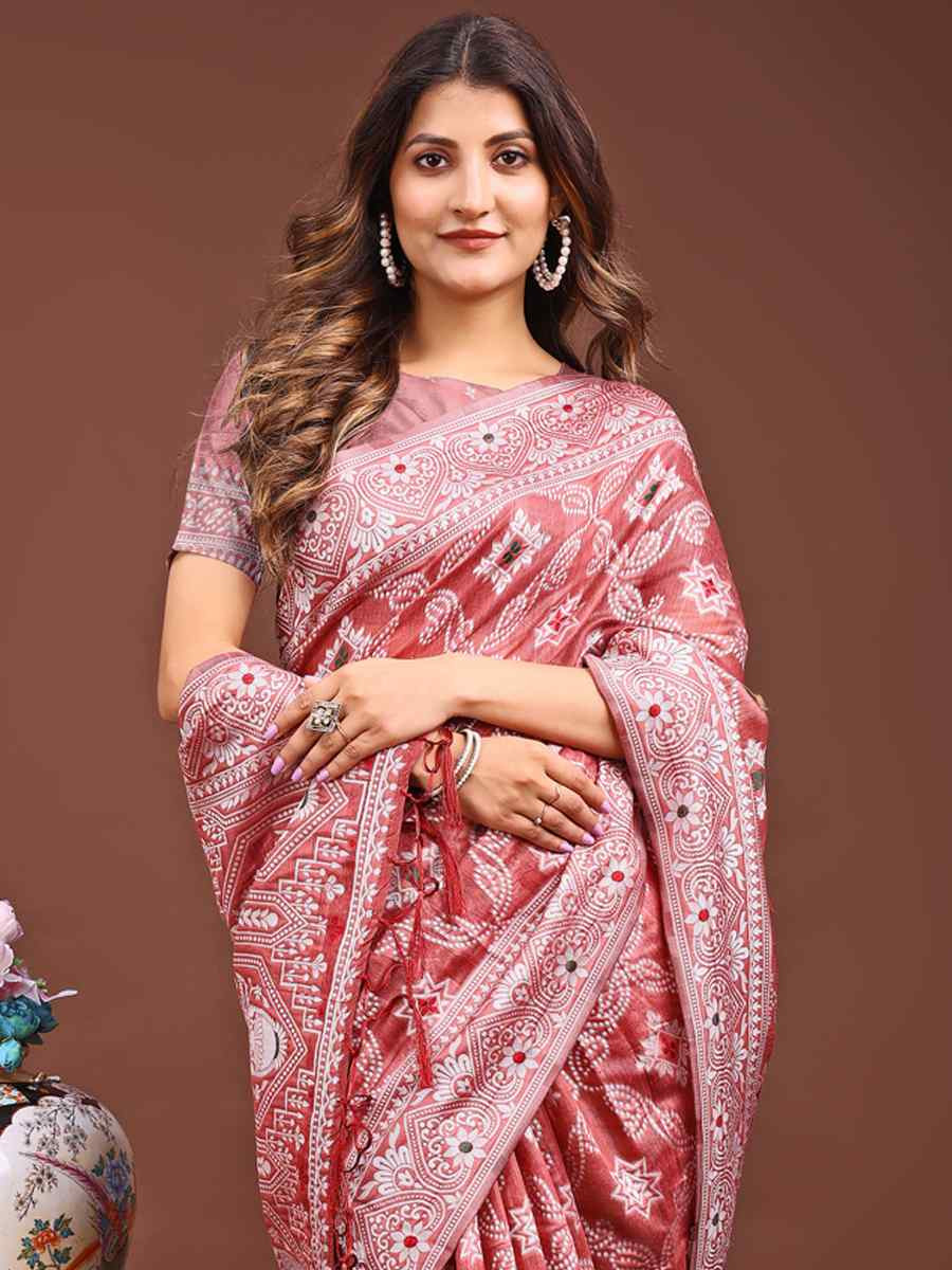 Peach Linen Cotton Handwoven Festival Wedding Fancy Heavy Border Saree