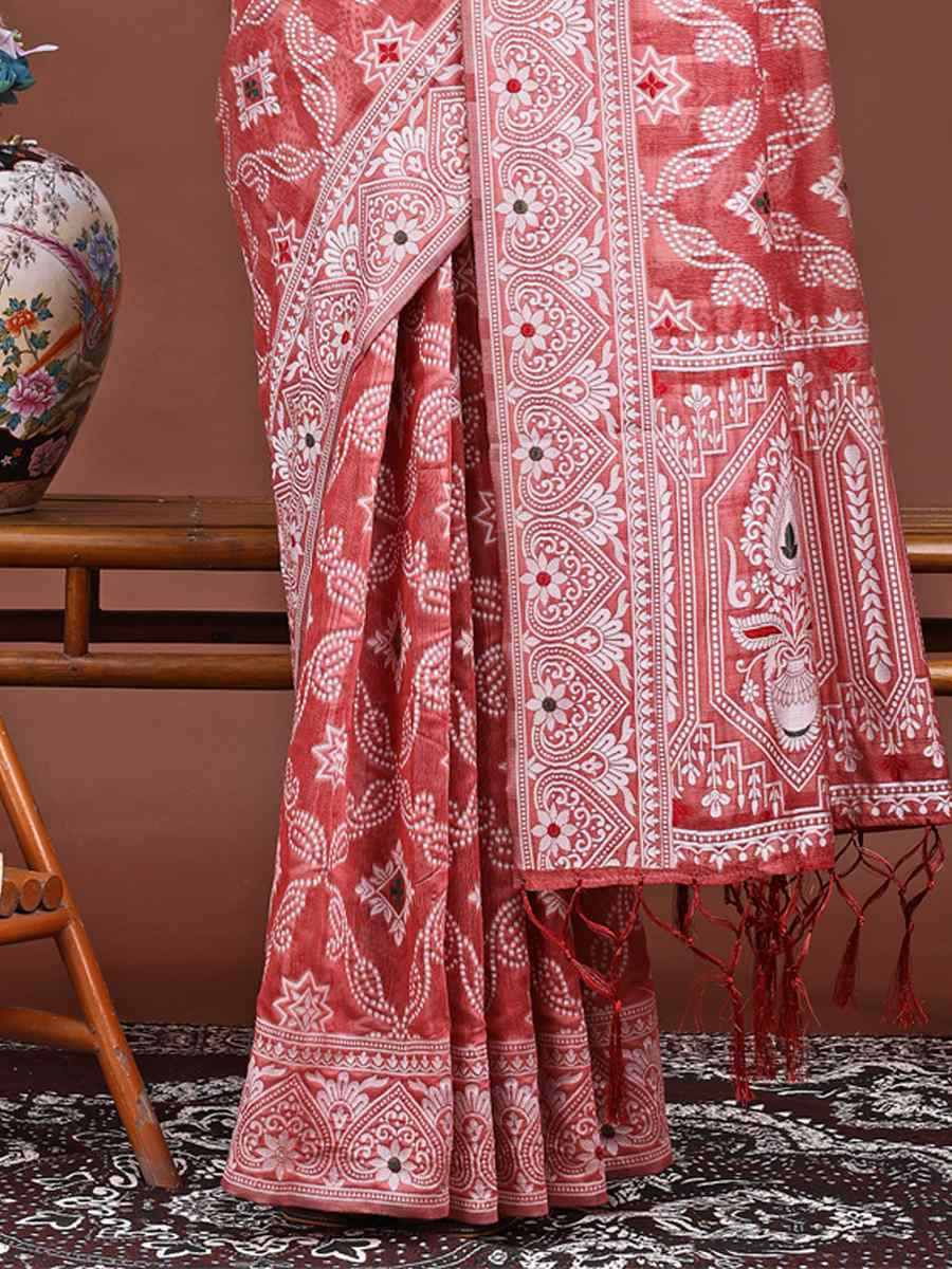Peach Linen Cotton Handwoven Festival Wedding Fancy Heavy Border Saree