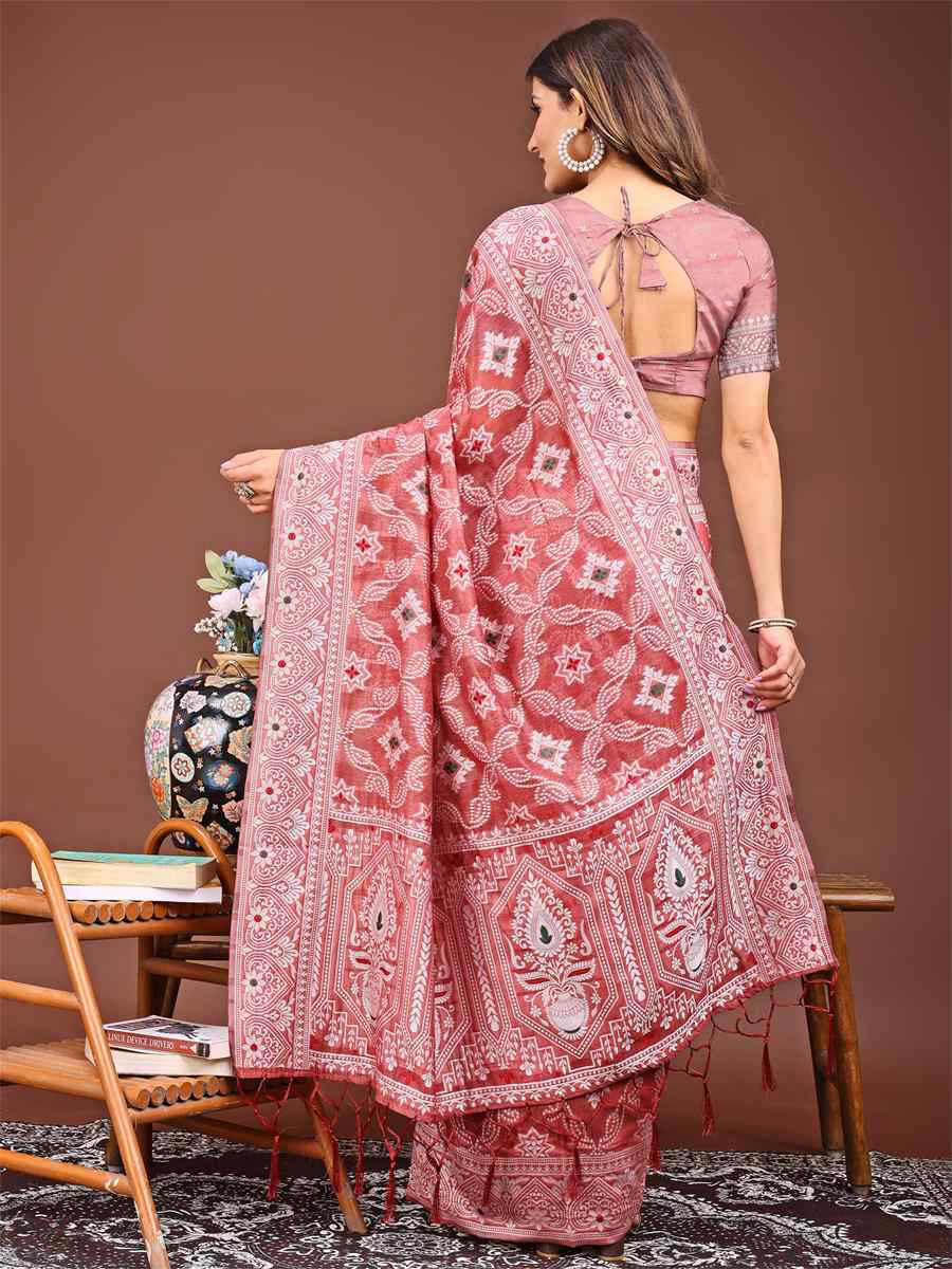 Peach Linen Cotton Handwoven Festival Wedding Fancy Heavy Border Saree