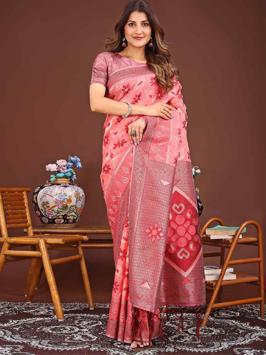 Peach Linen Cotton Handwoven Festival Wedding Fancy Heavy Border Saree