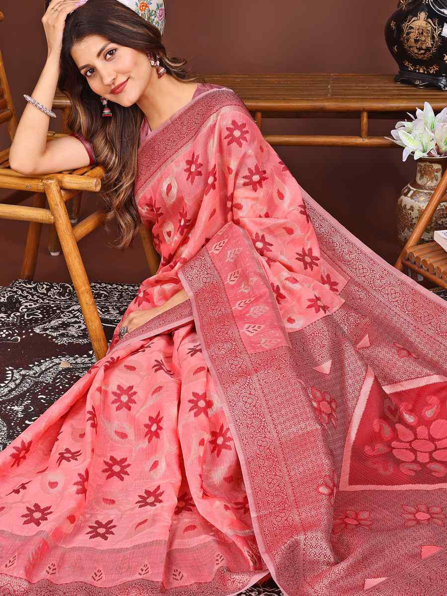 Peach Linen Cotton Handwoven Festival Wedding Fancy Heavy Border Saree
