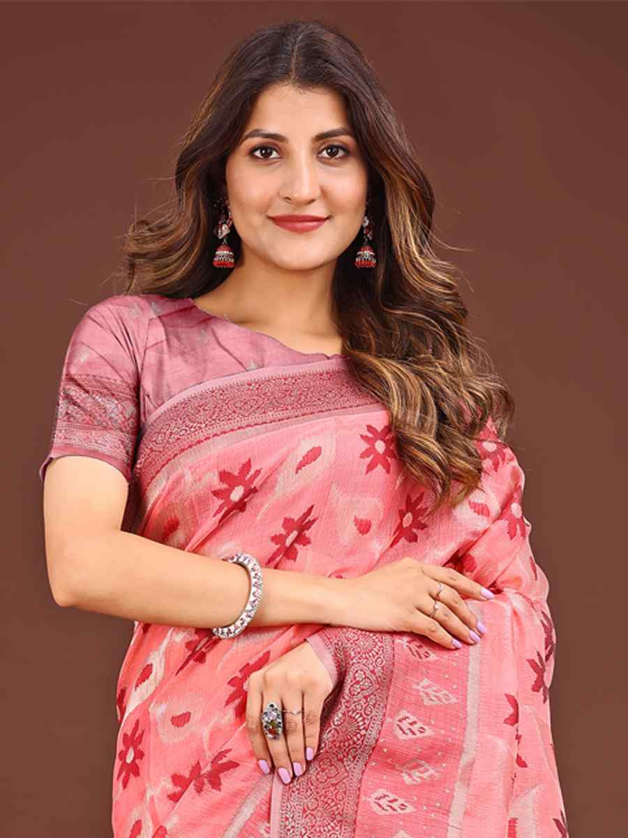 Peach Linen Cotton Handwoven Festival Wedding Fancy Heavy Border Saree