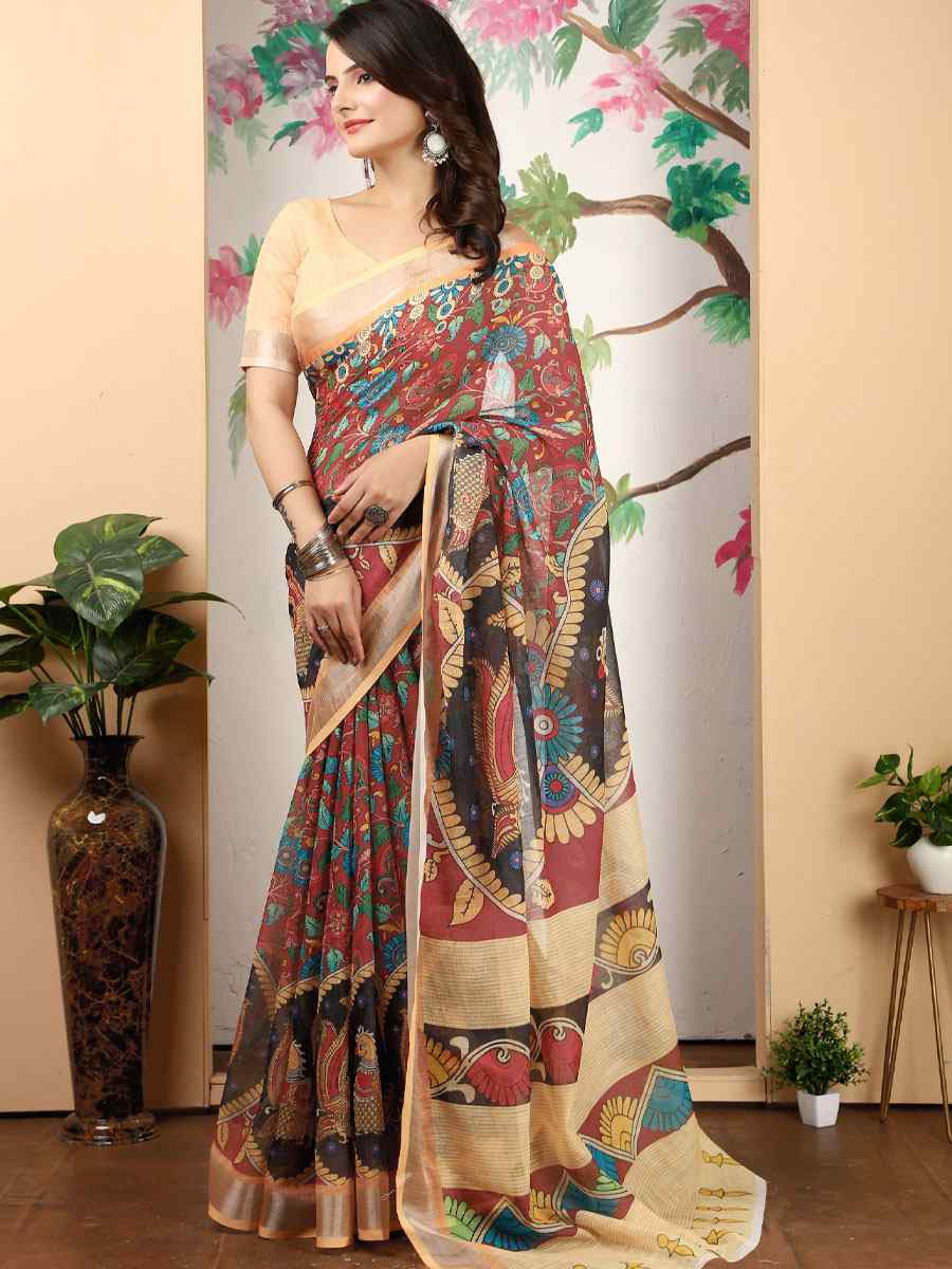Peach Linen Cotton Printed Casual Festival Wedding Fancy Classic Style Sarees