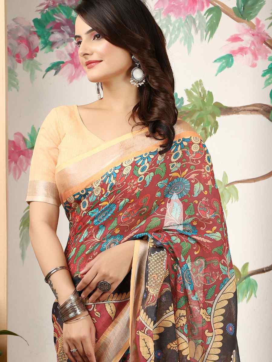 Peach Linen Cotton Printed Casual Festival Wedding Fancy Classic Style Sarees