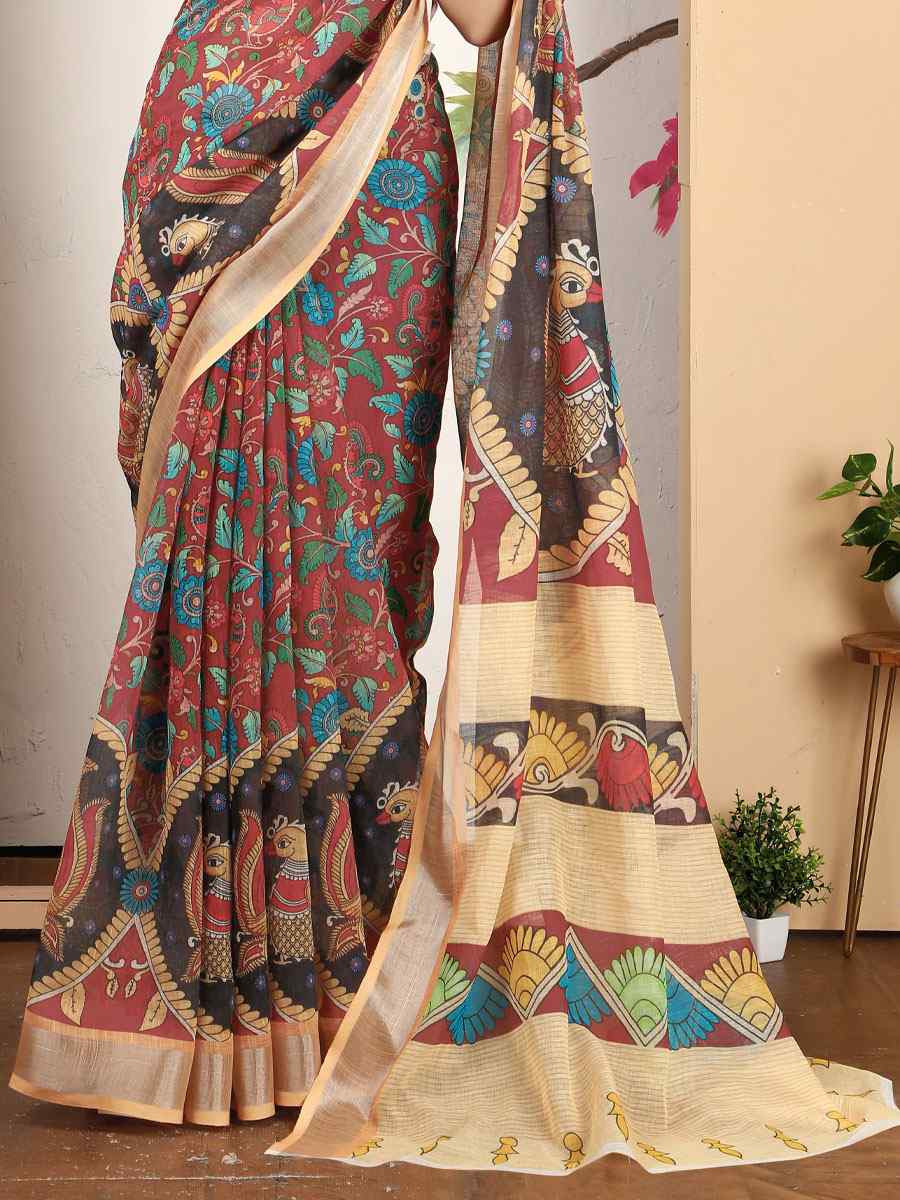Peach Linen Cotton Printed Casual Festival Wedding Fancy Classic Style Sarees