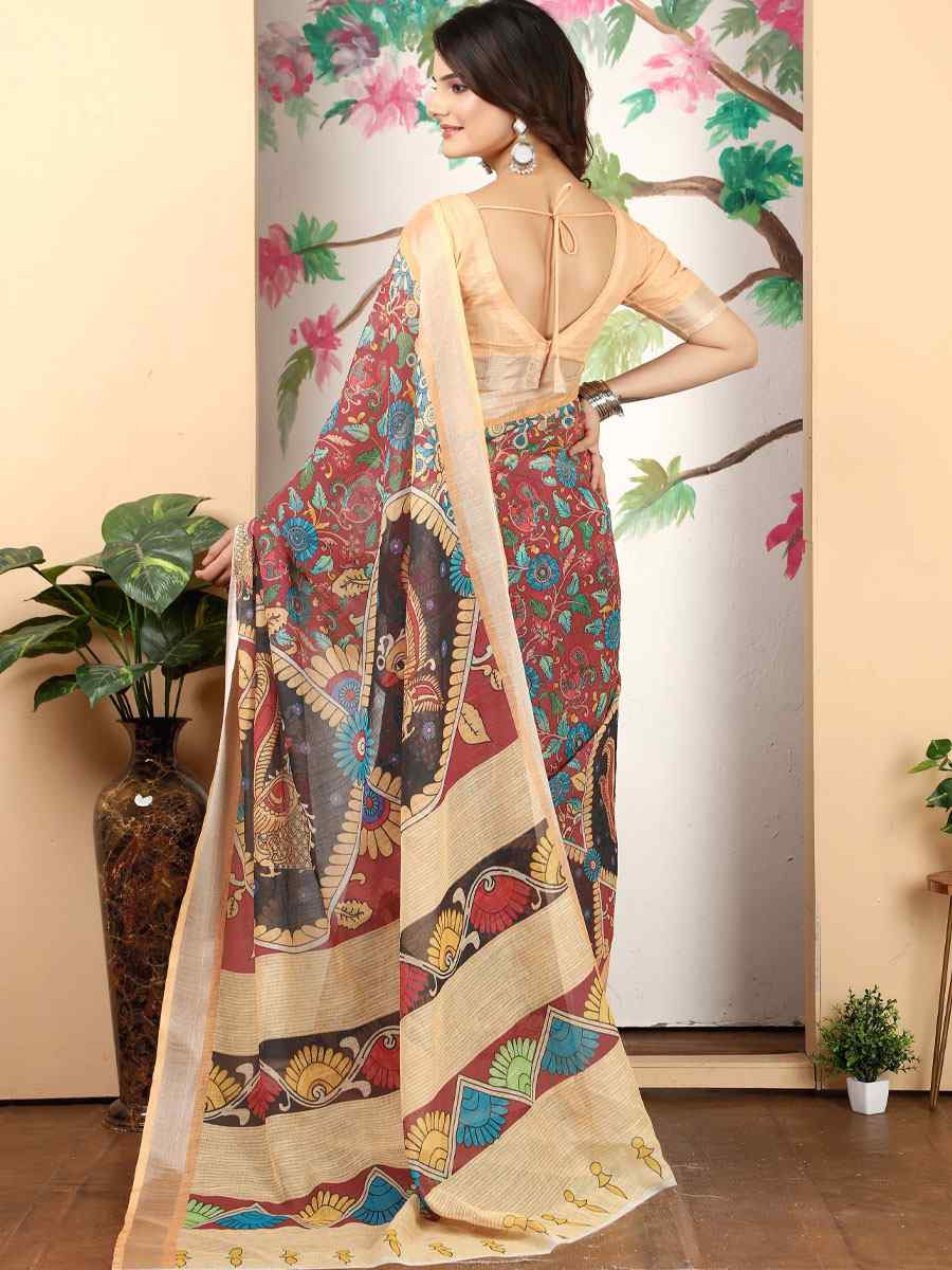 Peach Linen Cotton Printed Casual Festival Wedding Fancy Classic Style Sarees