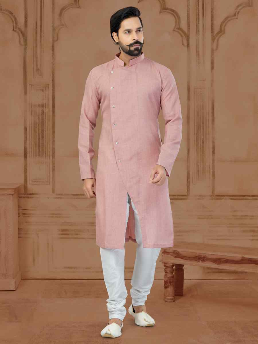 Peach Linen Cotton Printed Festival Kurta