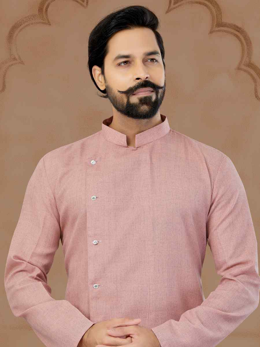 Peach Linen Cotton Printed Festival Kurta