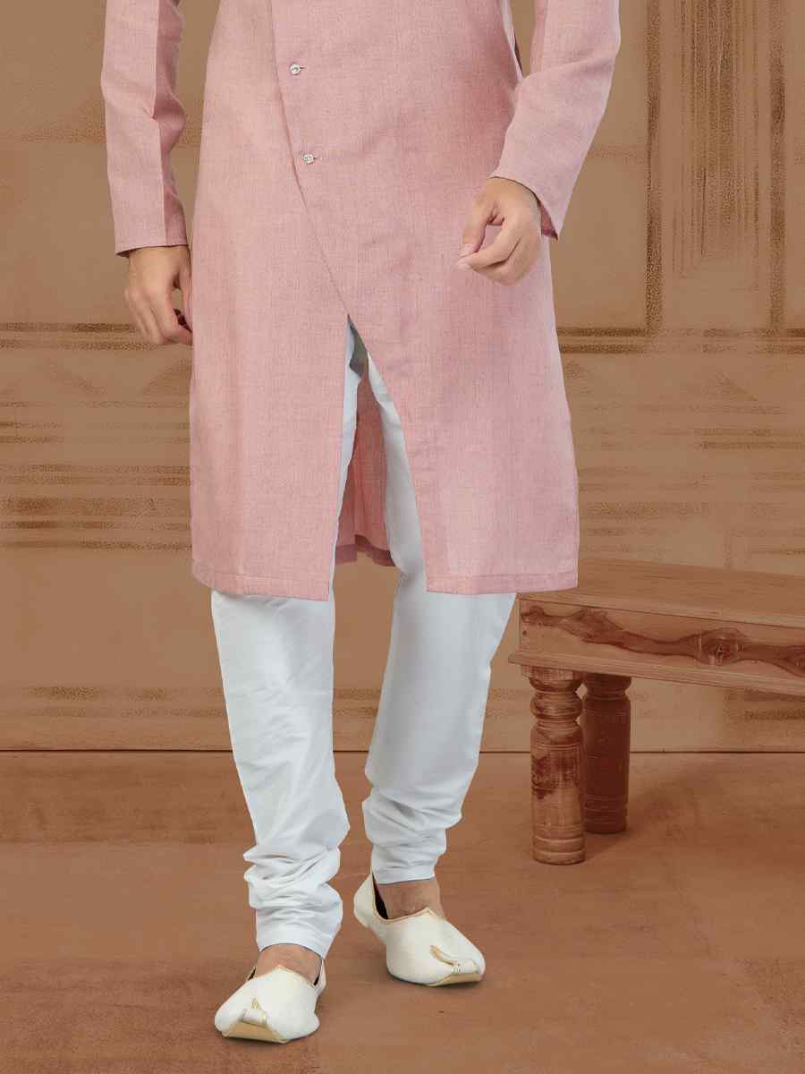 Peach Linen Cotton Printed Festival Kurta