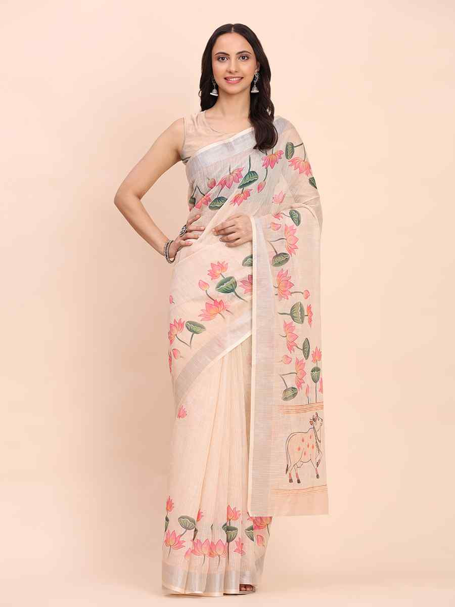 Peach Linen Cotton Printed Festival Wedding Fancy Heavy Border Saree
