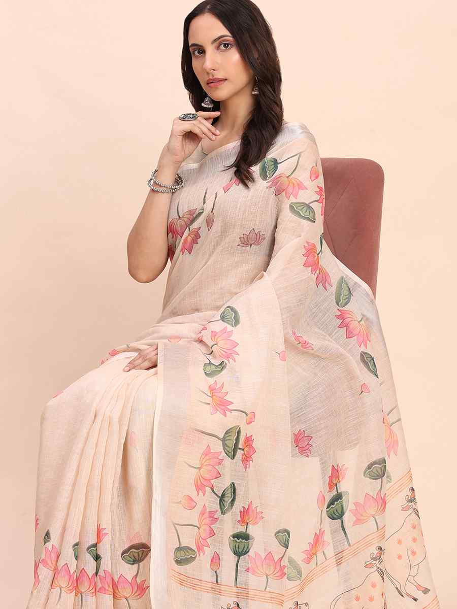 Peach Linen Cotton Printed Festival Wedding Fancy Heavy Border Saree