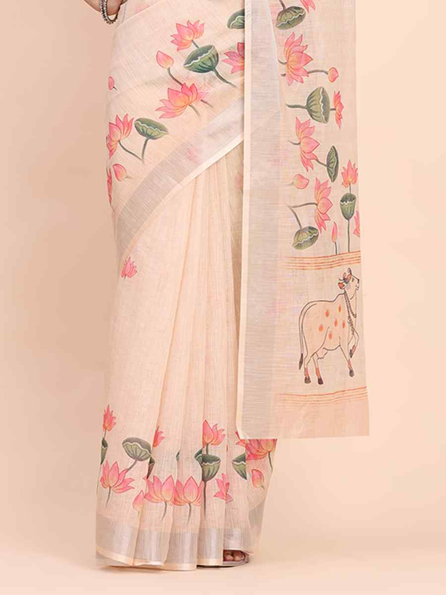 Peach Linen Cotton Printed Festival Wedding Fancy Heavy Border Saree