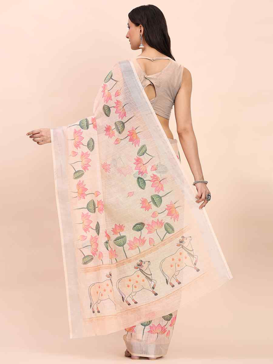 Peach Linen Cotton Printed Festival Wedding Fancy Heavy Border Saree