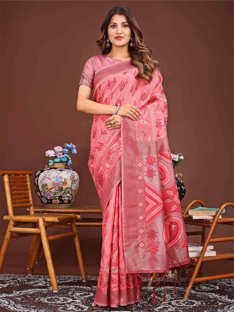 Peach Linen Cotton Printed Festival Wedding Fancy Heavy Border Saree