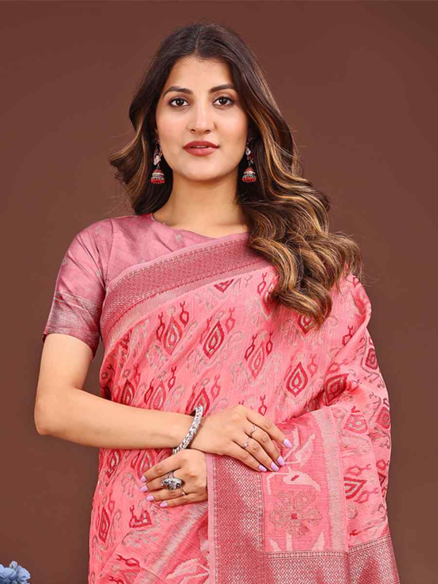 Peach Linen Cotton Printed Festival Wedding Fancy Heavy Border Saree