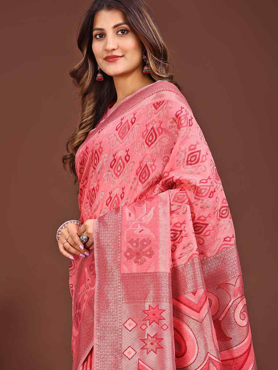 Peach Linen Cotton Printed Festival Wedding Fancy Heavy Border Saree