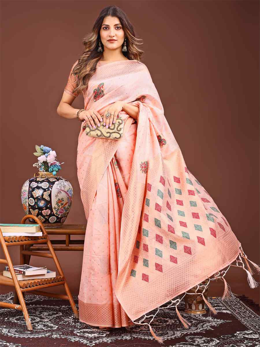 Peach Linen Cotton Printed Festival Wedding Fancy Heavy Border Saree