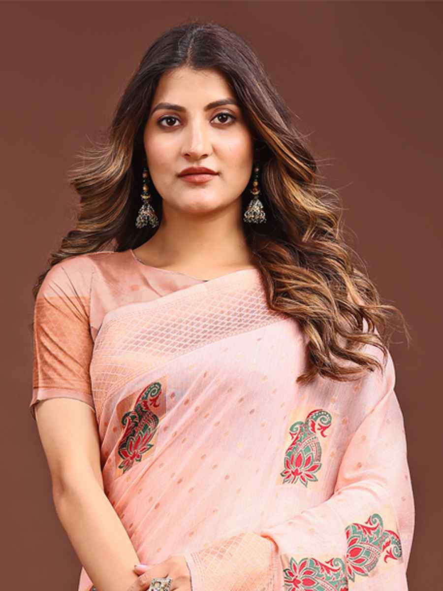 Peach Linen Cotton Printed Festival Wedding Fancy Heavy Border Saree