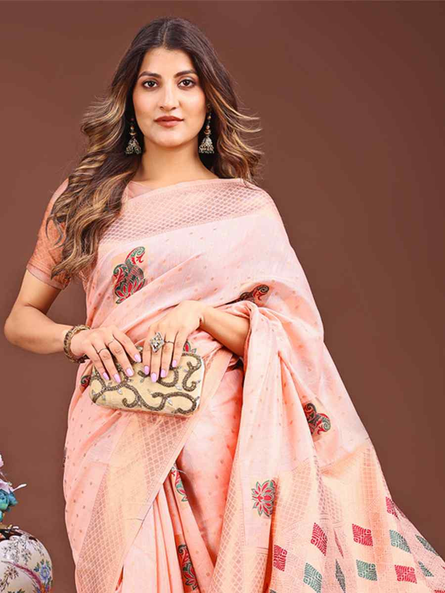 Peach Linen Cotton Printed Festival Wedding Fancy Heavy Border Saree