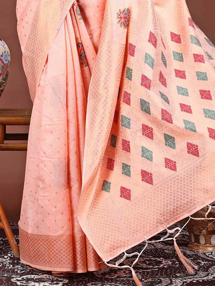 Peach Linen Cotton Printed Festival Wedding Fancy Heavy Border Saree