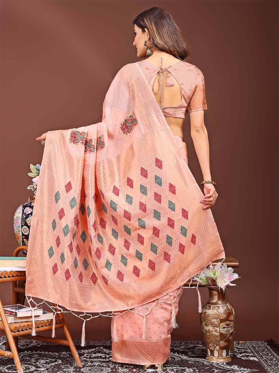 Peach Linen Cotton Printed Festival Wedding Fancy Heavy Border Saree