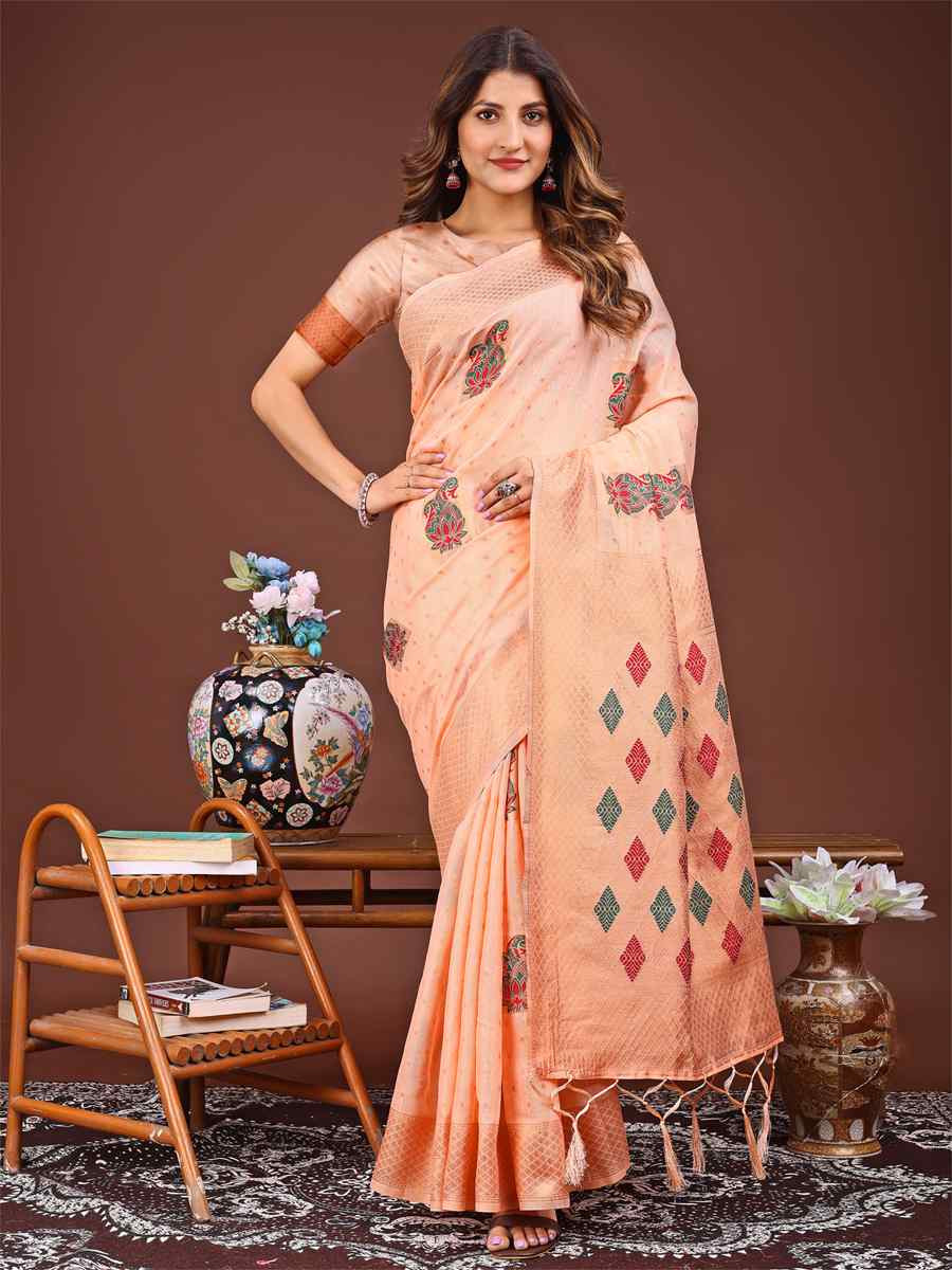 Peach Linen Cotton Printed Festival Wedding Fancy Heavy Border Saree