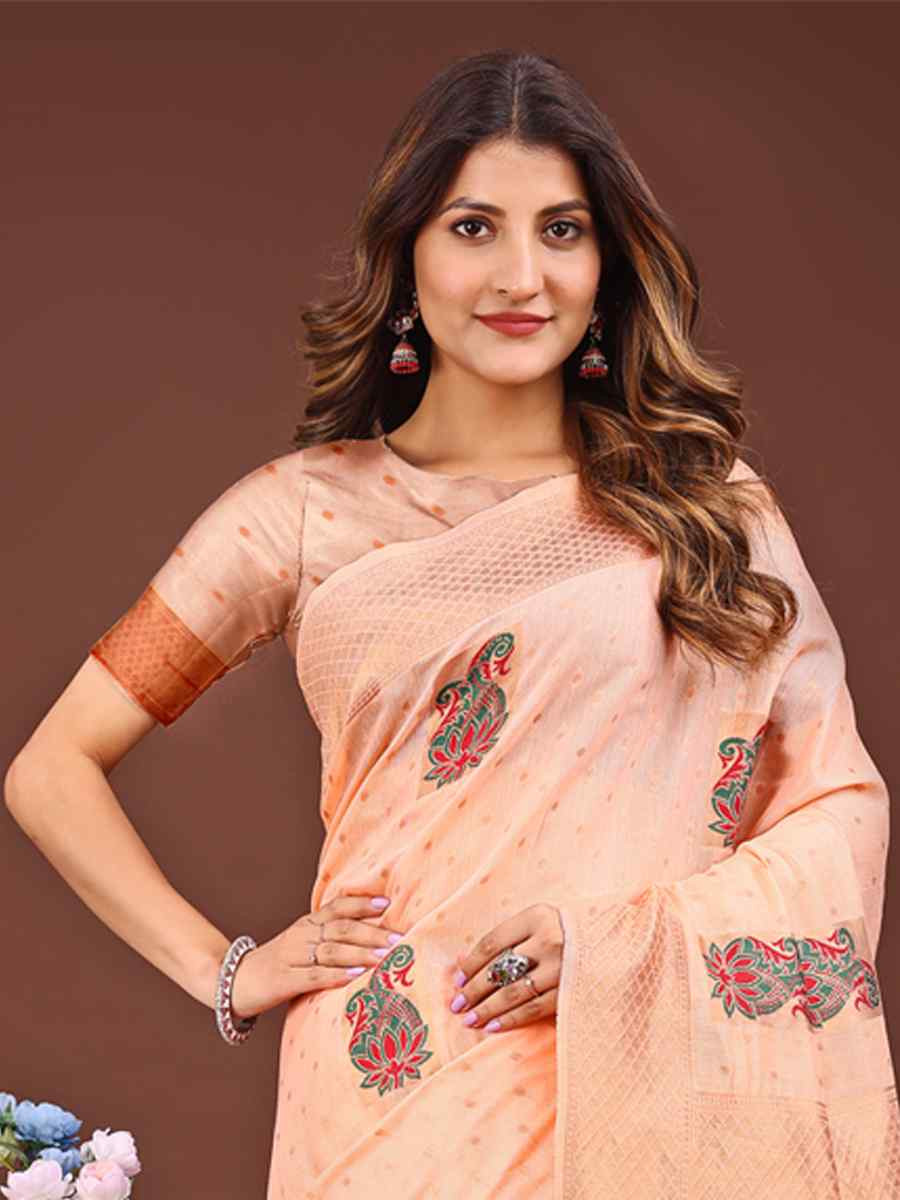 Peach Linen Cotton Printed Festival Wedding Fancy Heavy Border Saree