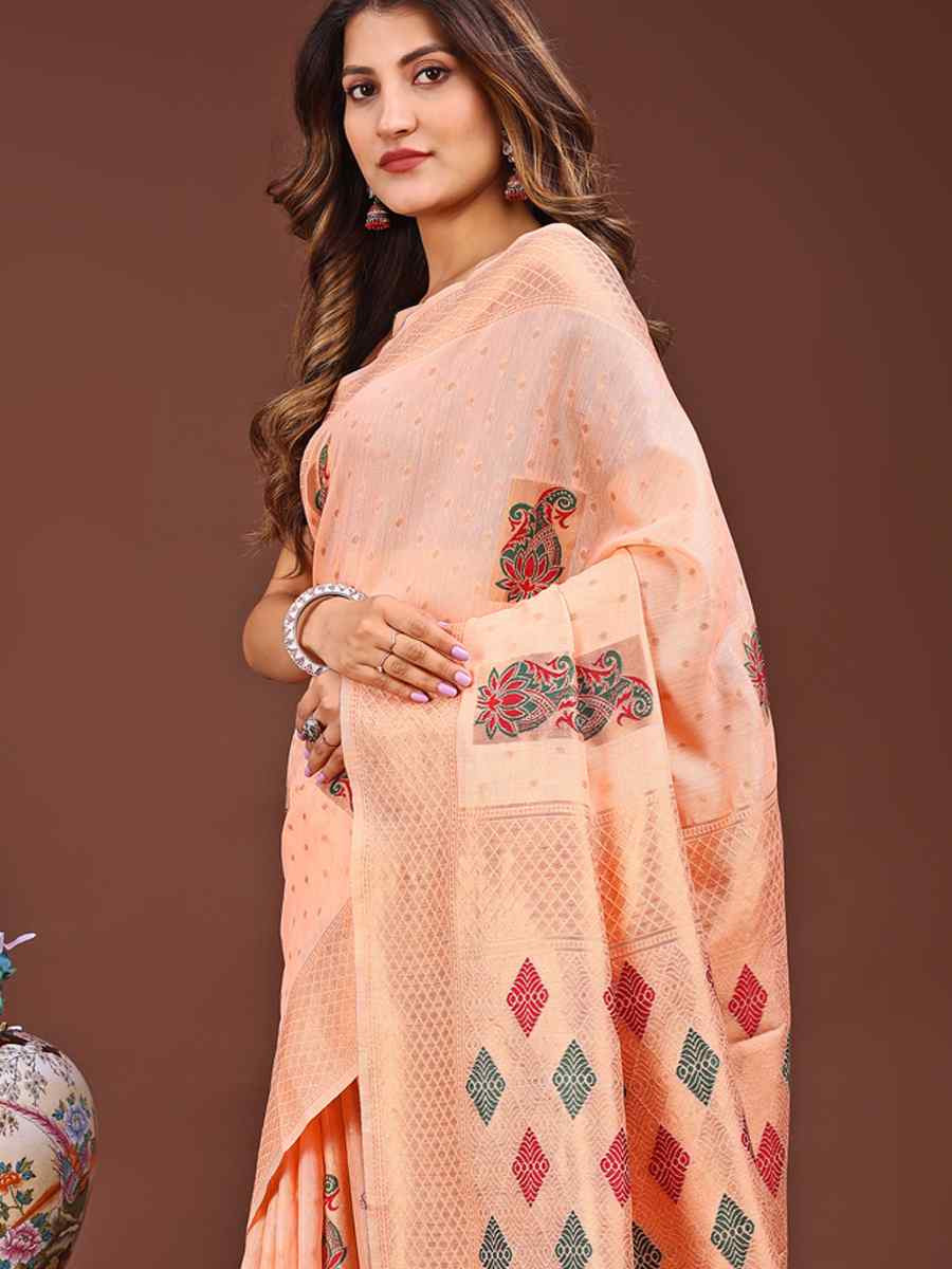 Peach Linen Cotton Printed Festival Wedding Fancy Heavy Border Saree