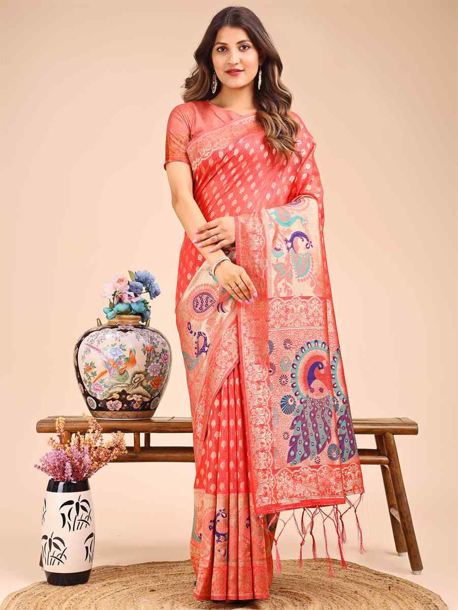 Peach Linen Cotton Printed Festival Wedding Fancy Heavy Border Saree