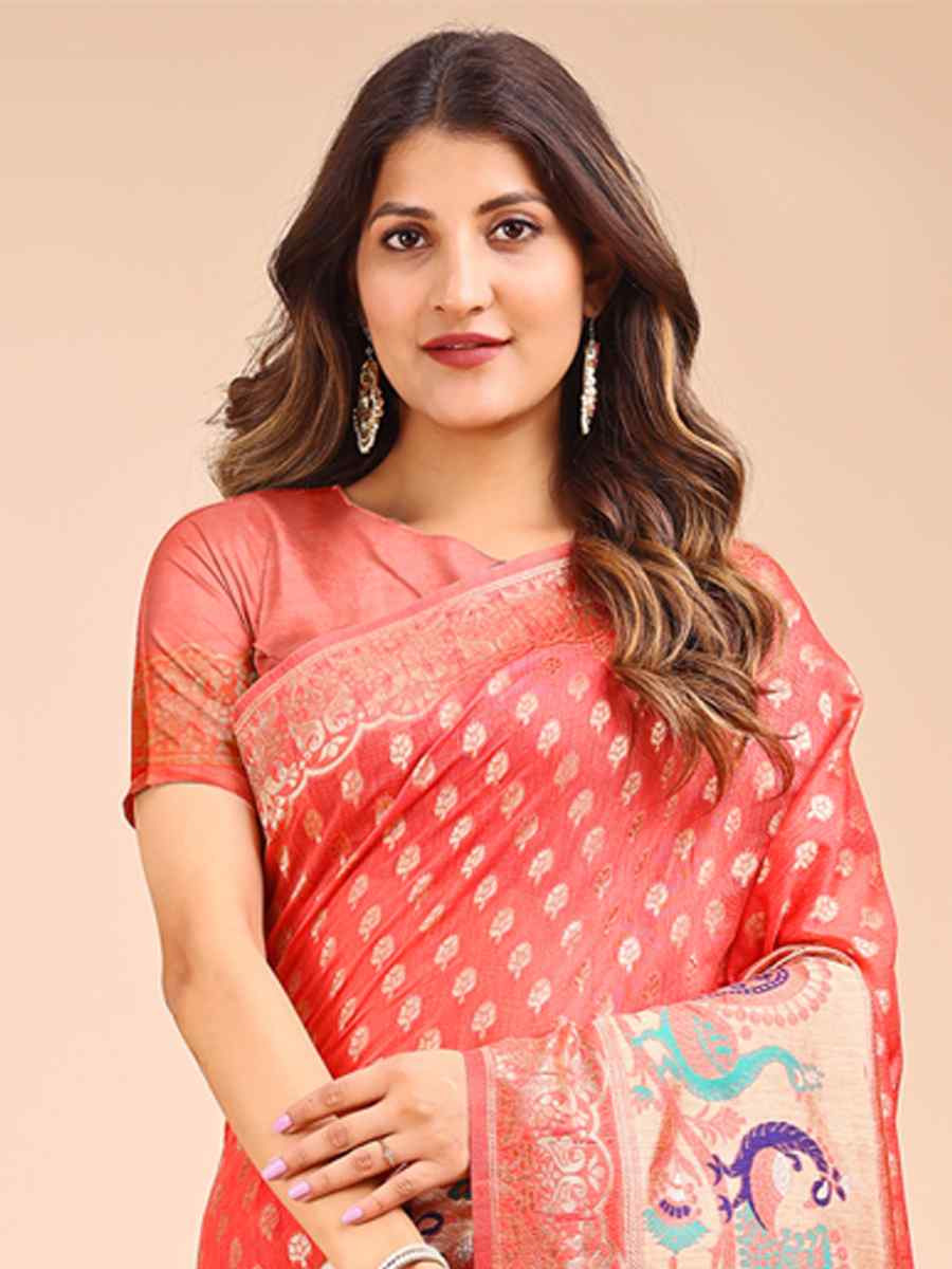 Peach Linen Cotton Printed Festival Wedding Fancy Heavy Border Saree