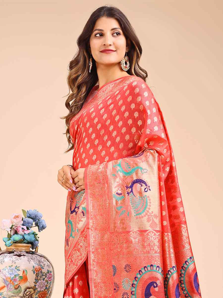 Peach Linen Cotton Printed Festival Wedding Fancy Heavy Border Saree