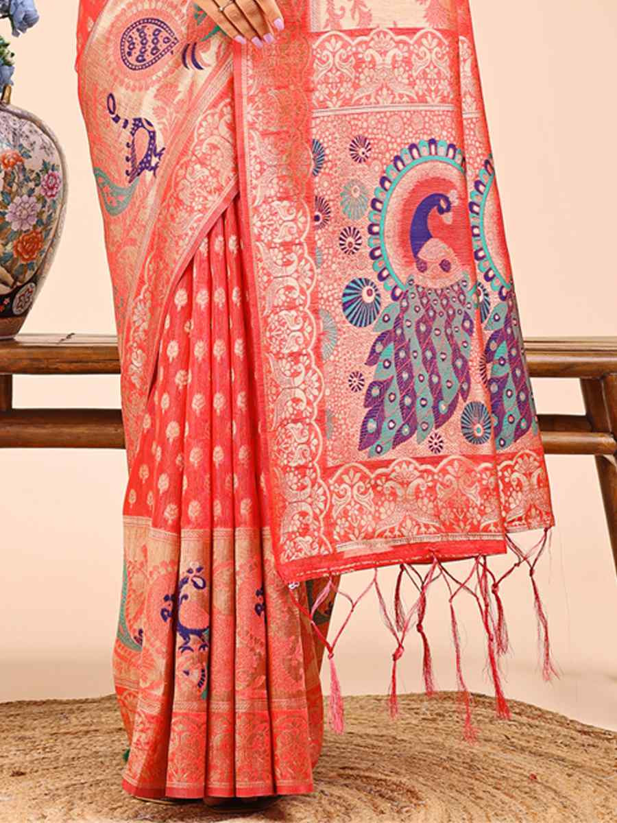 Peach Linen Cotton Printed Festival Wedding Fancy Heavy Border Saree