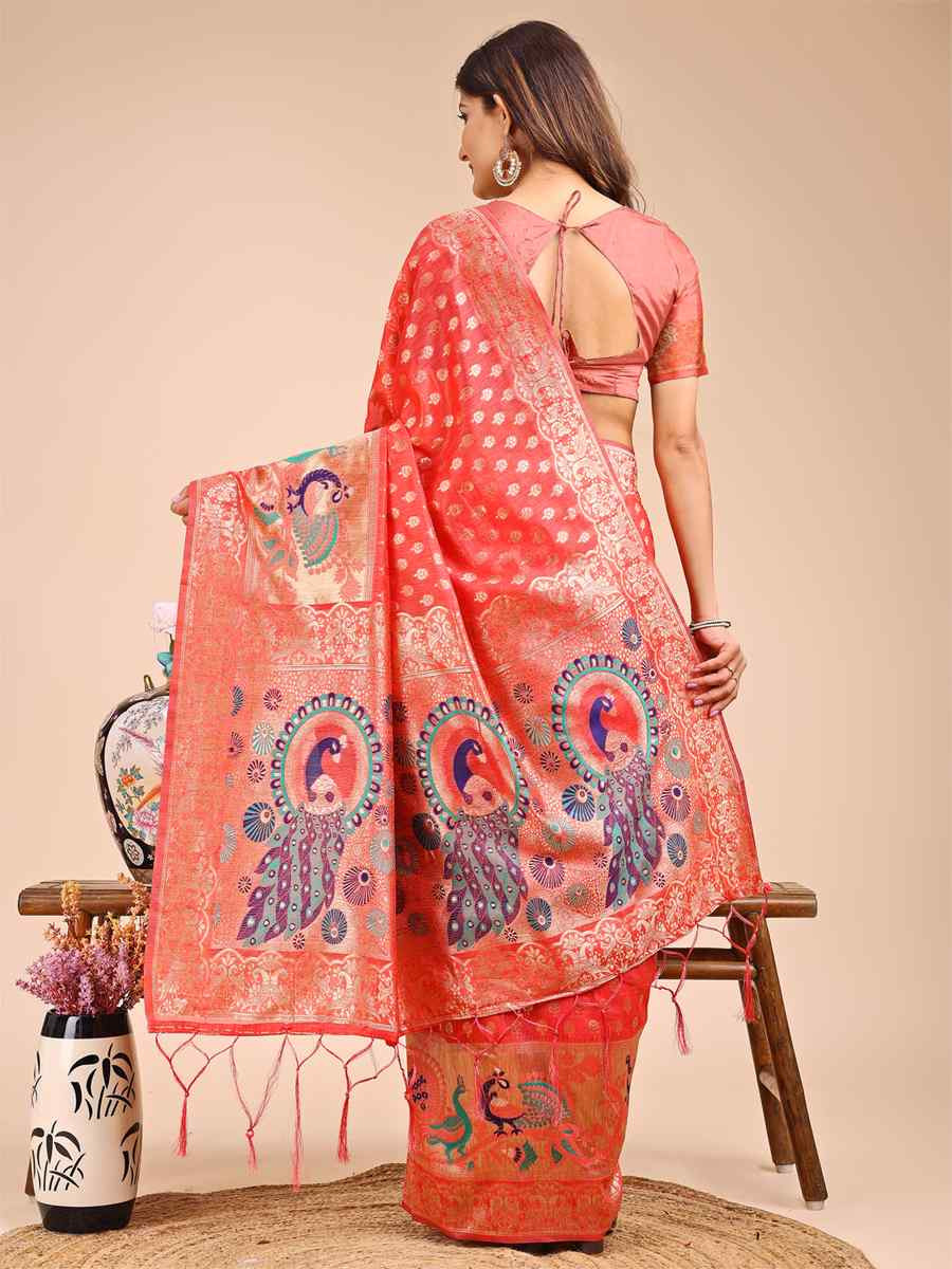 Peach Linen Cotton Printed Festival Wedding Fancy Heavy Border Saree