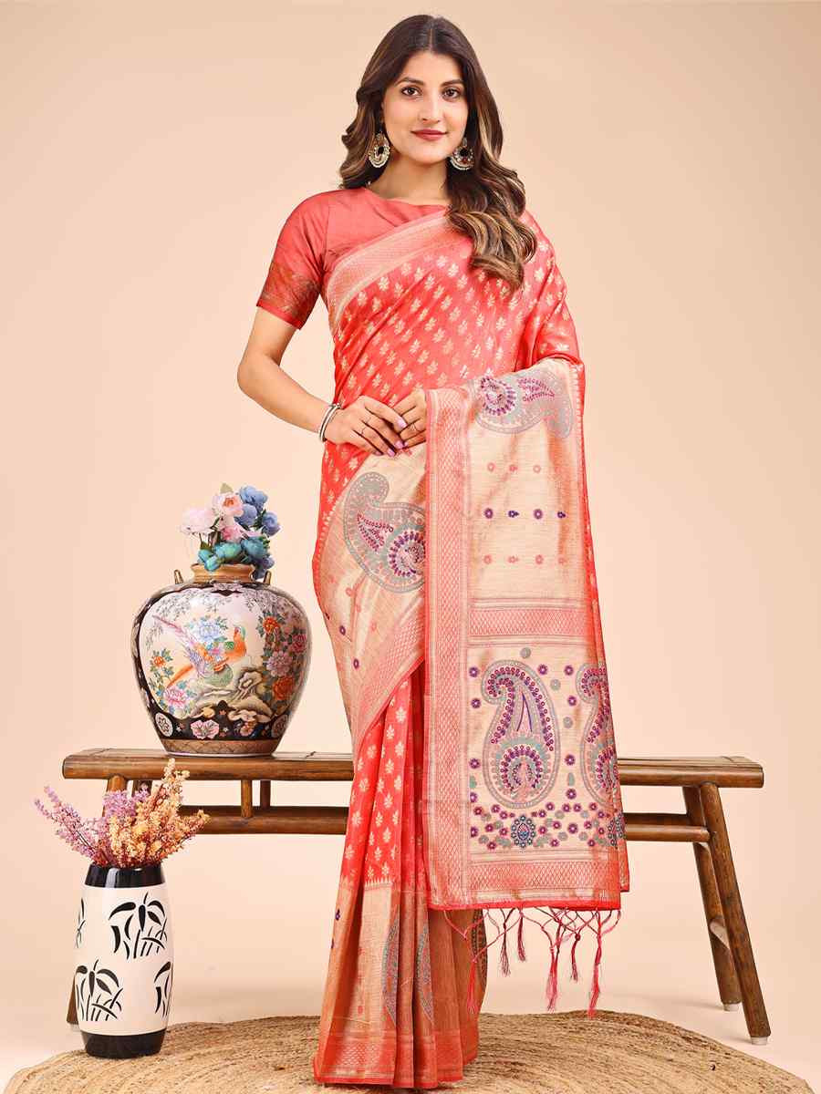 Peach Linen Cotton Printed Festival Wedding Fancy Heavy Border Saree