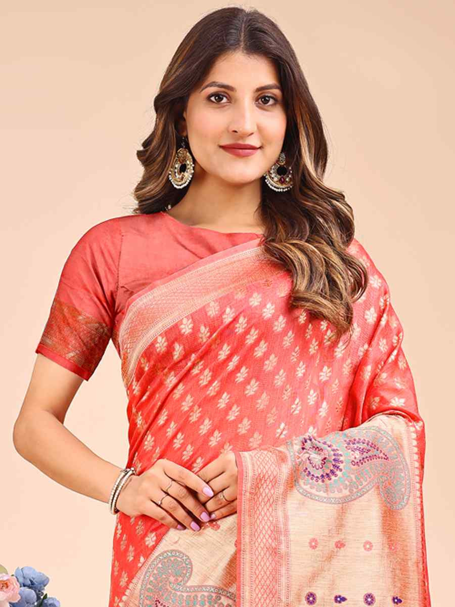Peach Linen Cotton Printed Festival Wedding Fancy Heavy Border Saree