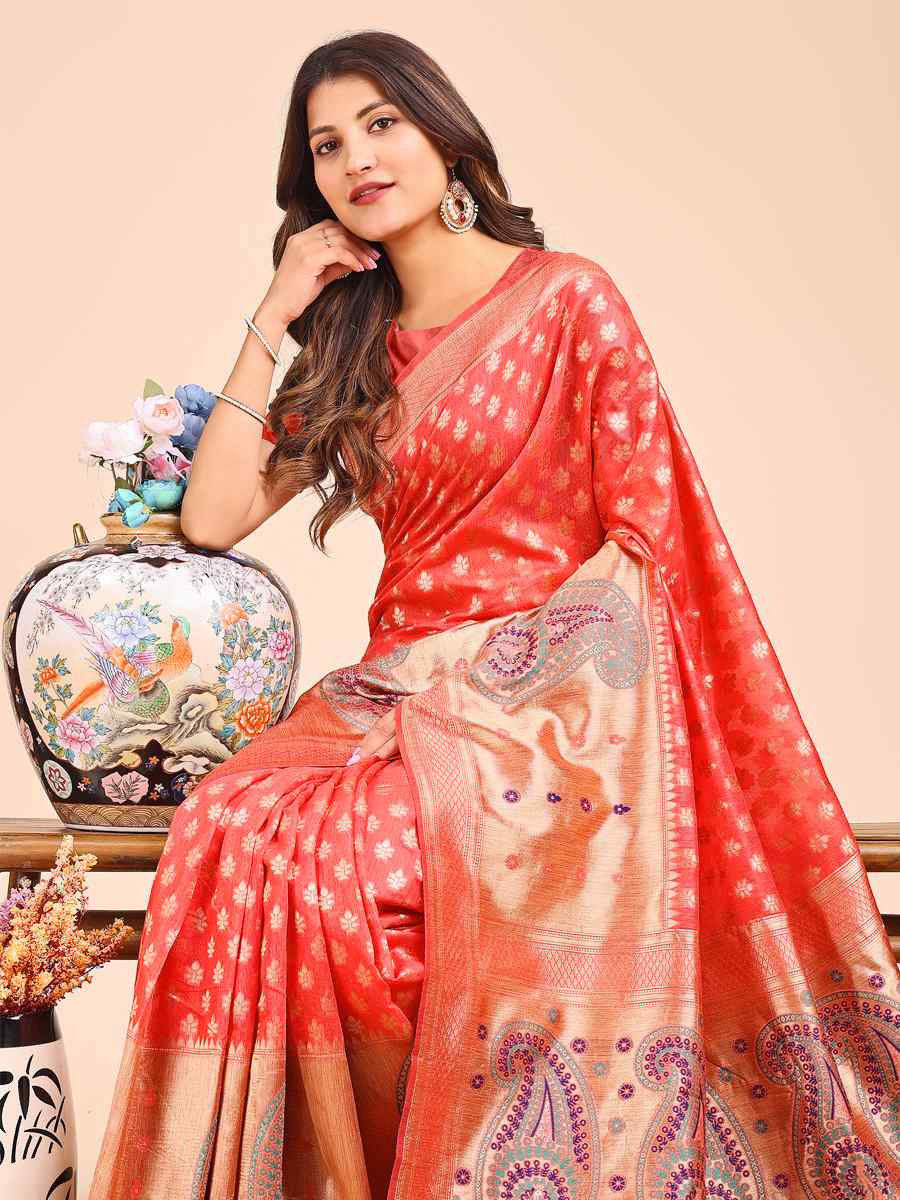 Peach Linen Cotton Printed Festival Wedding Fancy Heavy Border Saree
