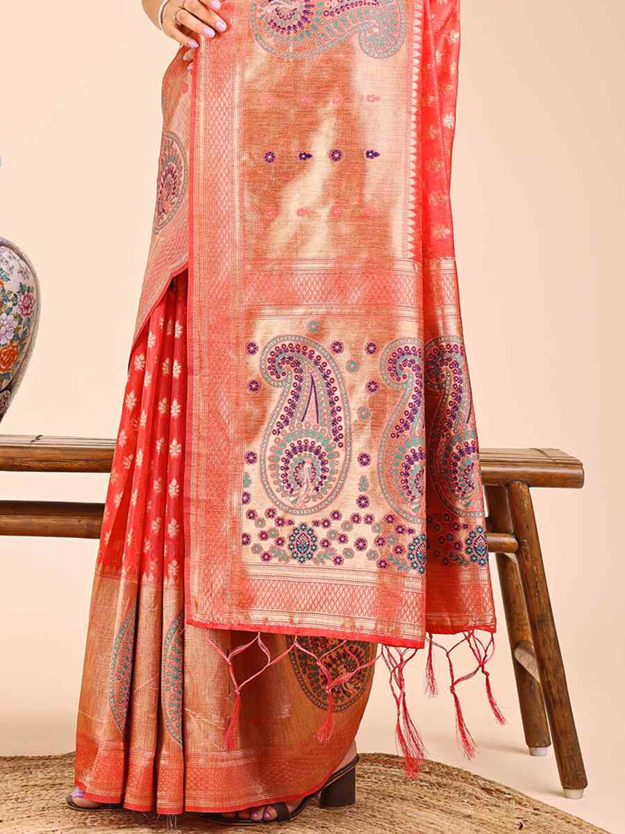 Peach Linen Cotton Printed Festival Wedding Fancy Heavy Border Saree