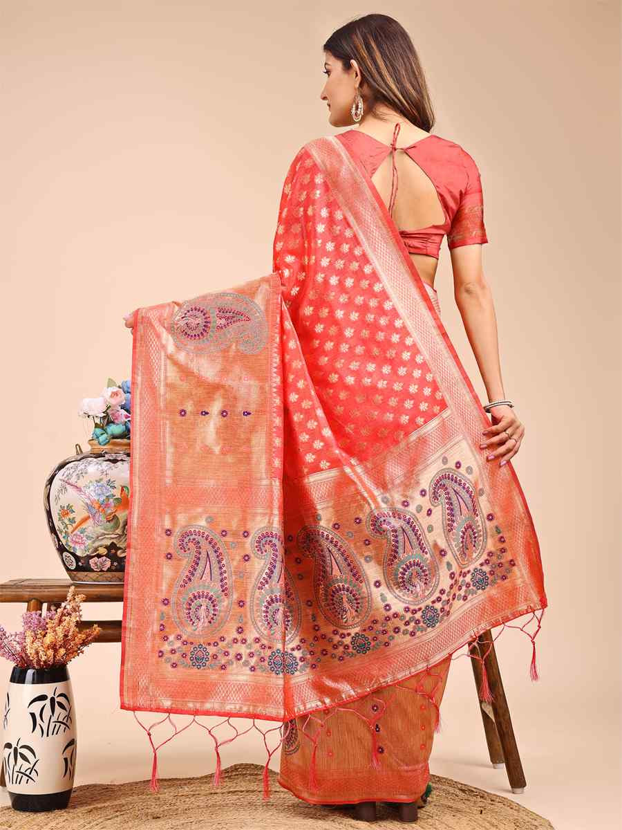 Peach Linen Cotton Printed Festival Wedding Fancy Heavy Border Saree